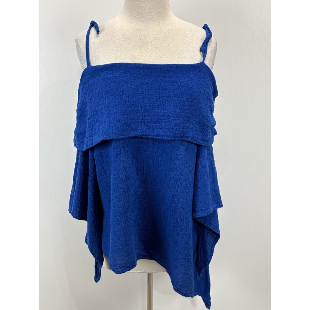 Oh My Gauze 100% Cotton Top Blue Sz 2 US L Cold Shoulder Lagenlook Resort Boho